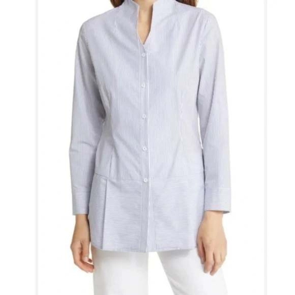 Ming Wang Pinstripe Peplum Tunic Shirt Womens XL Split Neck Button Front Preppy